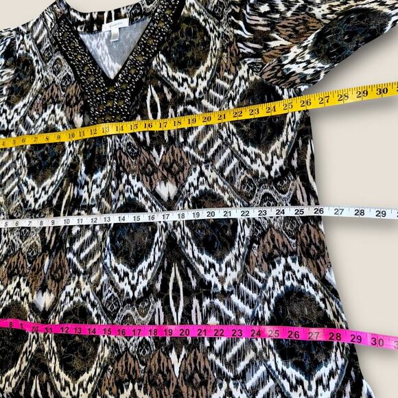 DressBarn Vintage 3/4 Sleeves Beaded V Neck Jersey Top Blouse Size 22/24 Ikat - Picture 11 of 13
